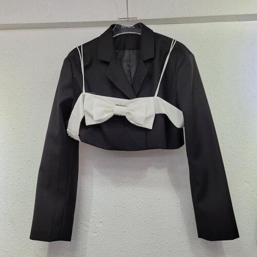 ZCSMLL Black short style turn-down collar jacket women spring and autumn bow tie suspenders two-piece coat women trendy