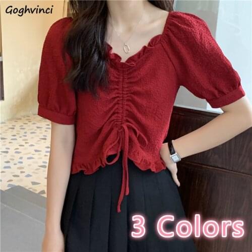 Shirts Women Solid Elegant Drawstring Short Puff Sleeve Designed V-neck Leisure Girls Koreans Style French Shirt Streetwear Sexy