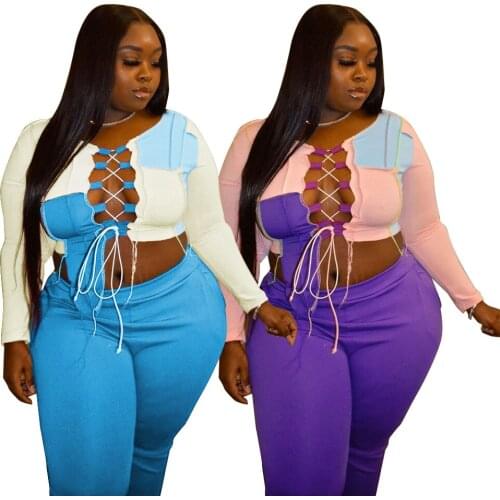 2021 Spring Women Contrast Color Patchwork Two Piece Sets Plus Size Sexy O-neck Lace-Up Short Tops Skinny Pants Clubwear Outfits