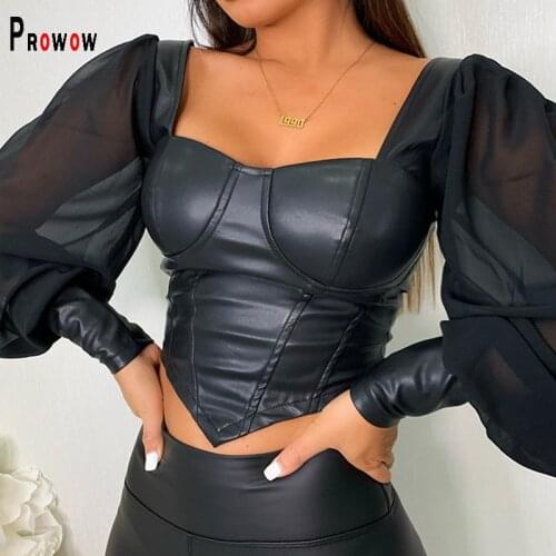 Prowow Sexy Women Corset Top Blouse Chiffon Sleeve Pu Leather Night Club Shirts Black Color Square Collar Spring Fall Outfuts