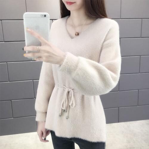 Women Winter Warm Mink Cashmere Soft V-neck Sweaters Fashion Lantern Sleeve Thicked Female Knitted Pullovers Casual Belt Jumper