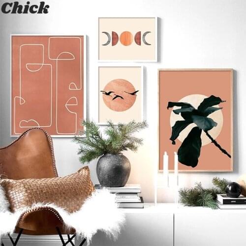 Abstract Sun Face Moon Plant Orange Canvas Art Wall Painting Posters and Prints Nordic Wall Pictures for Living Room Home Decor