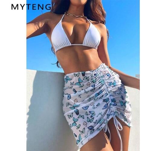 Sexy Butterfly Print Three Pieces Bikini Swimwear Women Push Up Bathing Suit Summer Skirt Halter Beachwear Biqiuni New Swimsuit