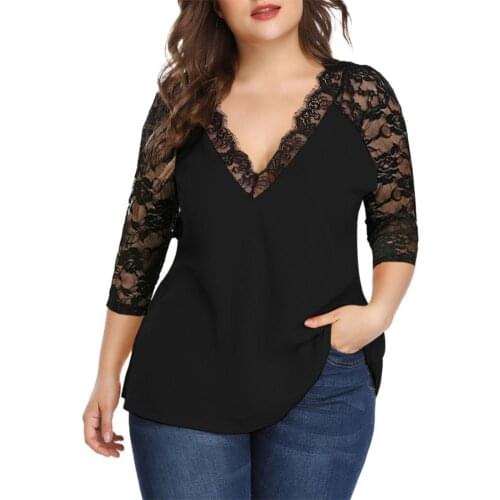 Plus Size Women 3/4 Sleeve Blouse Pullover Lace Patchwork V Neck Autumn Winter Loose Contrast Color Shirt Tops Streetwear 5XL