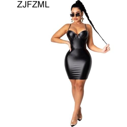 Black PU Faux Leather Sexy Slim Fit Dress Women Elegaant Spaghetti Strap Backless Skinny Robe Vintage Female Party Club Vestidos