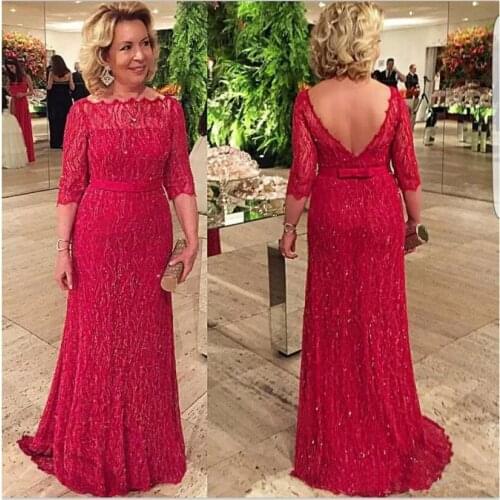 Elegant Sheath Mother Of The Bride Dresses Appliques Boat Neck Three Quarter Sleeves Backless Waistbelt Floor Length Formal Gown
