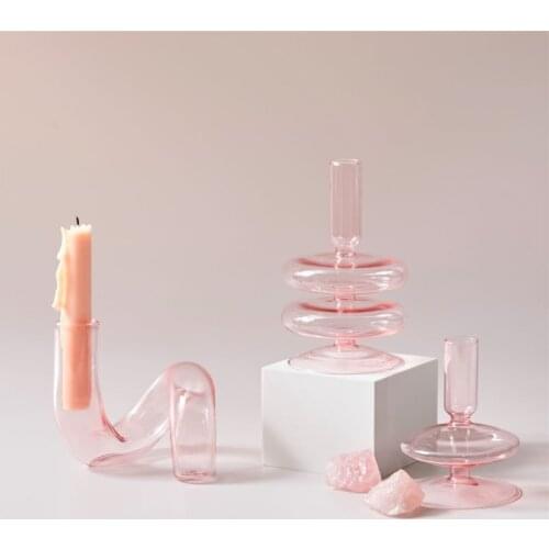 Classic Pink Transparent Glass Vase Candle Holder Pillar or Taper Candlesticks Holder Wedding Party Table Centerpieces Nordic