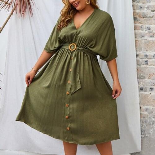 Summer Large Size Ladies V-neck Solid Color Mid-sleeve Dress With Wide Waist And Loose Party Women Dress -40