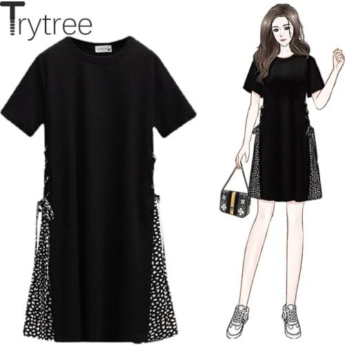 Trytree 2021 Summer Womens Dresses Casual O-Neck Patchwork Dot Ribbons Bow Zipper A-line Mini T-shirt Dress Office Lady Woman