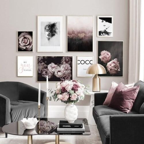 Pink Flower Fashion Black White Lady Poster Beautiful Landscape Print Canvas Art Girl Room Home Decor Wall Picture Modern