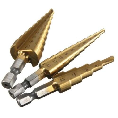 FREE SHIPPING Hot Sale 3pcs/lot Titanium Step Drill Bits 3-12mm 4-12mm 4-20mm HSS Power Tools HSS Wood Metal Drilling