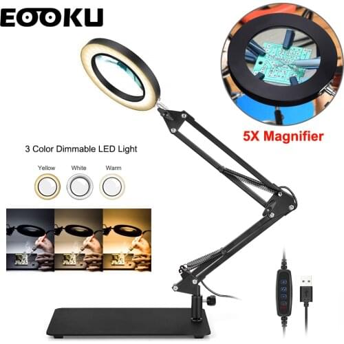 EOOKU Table Lamp LED USB 5X Magnifying Glass 3 Color Flexible Handle Professional Lighting Energy Saving Eye Protection
