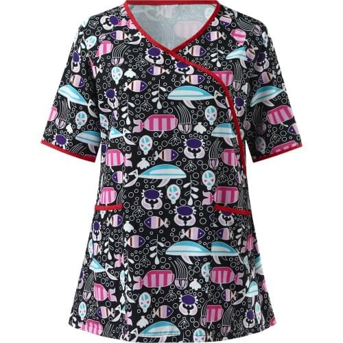 Care Nurse Tops Animal Heart Shape Printed Irregular Collar Short Sleeve Nursing Tops for Women with Pocket Uniforme Enfermera