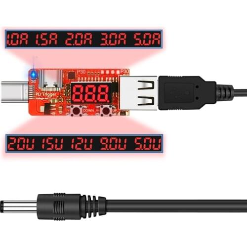 HiDANCE Type-c PD2/3.0 to DC 5.5*2.5mm DC5525 trigger cable QC4 charger notebook 15/20V or 9V/12V display Current and voltage
