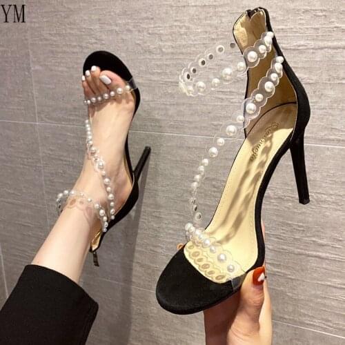 PVC Pearl Pumps Woman Sandals Stiletto Thin High Heels Zipper Zapatos De Mujer Tacon Sexy Shoes Sapatos Sandals for Women