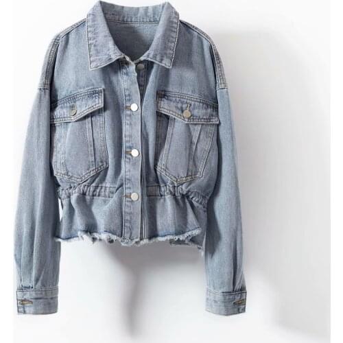 High Quality Spring Autumn Womens Big Pocket Waist Slim Denim Jacket