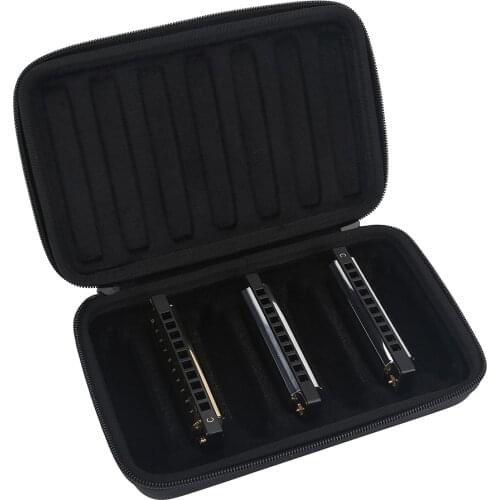 PU Leather Black Harmonica Zippered Carrying Case Storage Bag For 7 Harmonicas Kongsheng 10-Hole Harmonica Bag