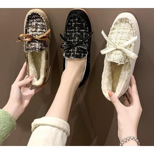 Bow Casual Shoe for Women Loafer Comfortable Flats Round Toe Women Boots Winter Shoes Woman Warm Lightweight Flatshoes for Women