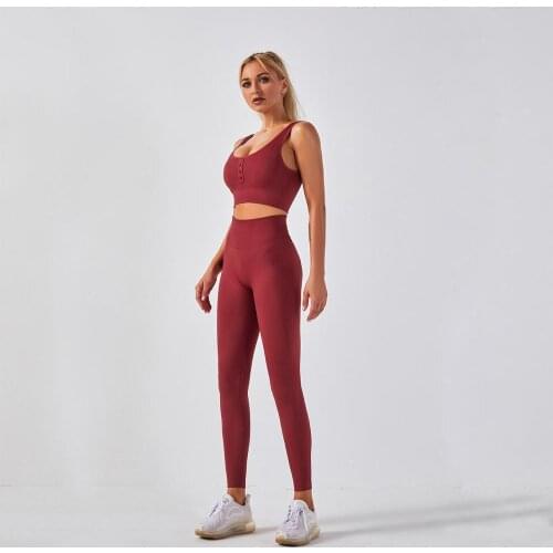 2 Pieces Women Seamless Yoga Set Gym Sports Suits Buttons crop Sport Bra High Waist Fitness Leggings Sportswear Workout outfits