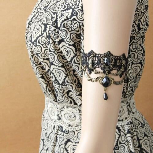 Womens Lady Handmade Angel Wing Heart Flower Black Lace Beads Drop Arm Band Armband Armlet Bracelet Gothic Dance Retro Fashion