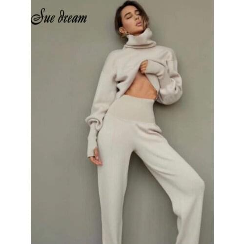 2020 Autumn New Womens Turtleneck Sweater 2 Two-piece set Lantern sleeve Knitted Pullover & High Waist Pants Bodycon Party Set