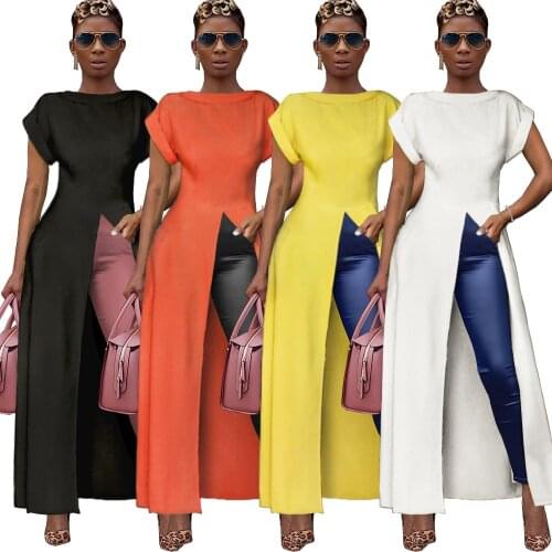 Casual High Split Long Dress Women O Neck Short Sleeve Party Dress Elegant Office Fashion Summer Clothes Goth Sun Dresses 2021