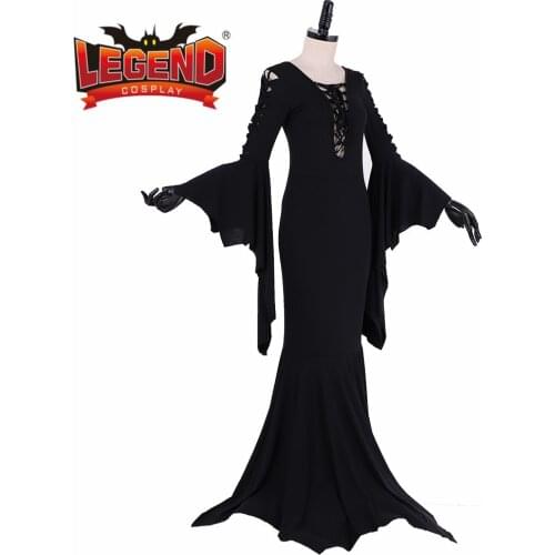 Morticia Addams Floor Dress Costume Adult Women Gothic Witch Vintage Sexy Hollow Lace Up Slim Gown Dresses MAXI MERMAID DRESS