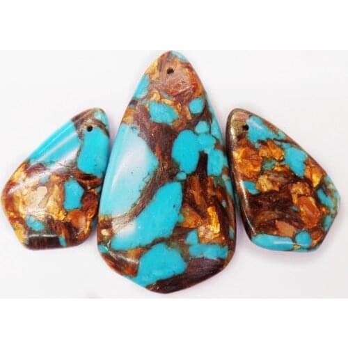 3Pcs/set 50x28x7mm/33x20x6mm Wholesale Blue&Bronze Sea Sediment Jasper & Pyrite Shield Pendant Bead DIY Jewelry Accessories S924