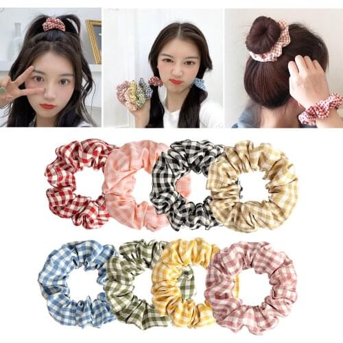 8pcs Plaid Hair Scrunchie Ponytail Tie Loop Fashion Pony Tail Holder Band Ring
