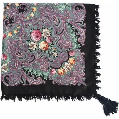 90*90cm Russian National Square Scarf For Women Cotton Big Flower Print Shawl Head Scarves Ladies Retro Fringed Foulard Bandana