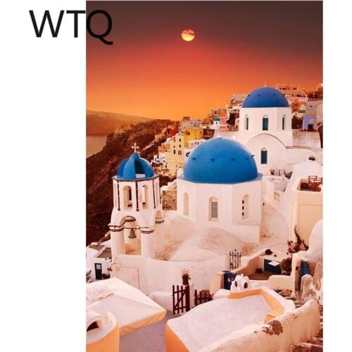 5D DIY Full Diamond Painting Cross Stitch Kits Santorini Blue Dome Churches Sunset Scenery Diamond Embroidery Mosaic Home Decor