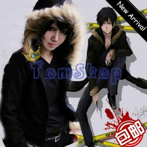 Anime DuRaRaRa! Izaya Orihara Cosplay Costume Fur Collar Hooded Jackets Coat Hoodie Sweater Outfit Size S-XXL Free Shipping