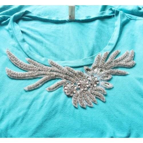 Free shipping 1 pc/pack flower AB crystal neckline applique for bridal wedding dress gown dancing costume clothing decoration