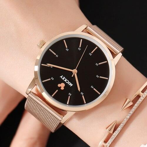 Disney Mickey Rose Gold Women Wristwatches Minimalist Simple Big Dial Steel Band Bracelet Watches Women Lady Gift Female Watch
