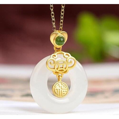 Natural Hetian Jade Peace Buckle Fu Character Jade Pendant S925 Sterling Silver Gilding Female Ruyi Copper Coin Baifu Jade Clavi