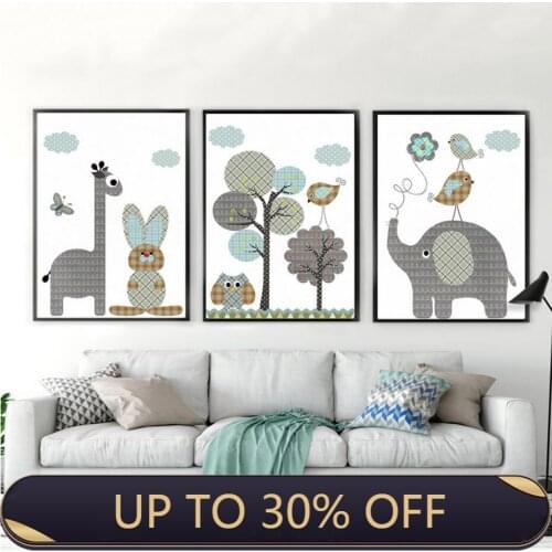 Canvas painting Cute Cartoon Elephant Bird Love Tree Giraffe children room Kids Baby lovely poster Living Room DecorativeWall Po