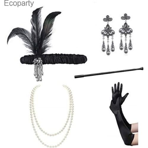 1920s Charleston Party Flapper Girl Feather Headband Pearl Necklace Earrings Cigarette Holder Gloves Great Gatsby Accessories