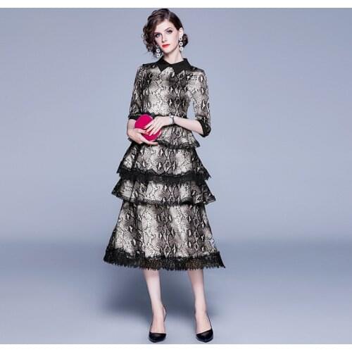Summer Lace Layer Dresses Mid-Calf Wild Snake Skin Print Turn-down Collar Vestidos Largos De Verano Para Mujer Dress for Women
