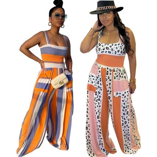 Summer Jumpsuit Women Fashion Sexy Large Size Sleeveless Striped Loose Wide Leg Long Jumpsuit Women
