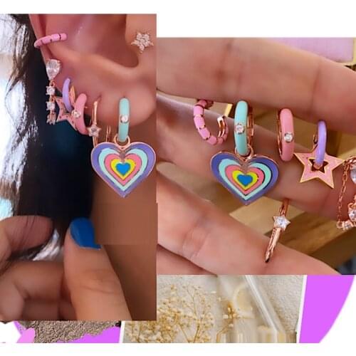 Multi Row Enamel Heart Charm Dangle Earring Pink Green Circle Cute Lovely Multi Piercing Girl Jewelry Fashion