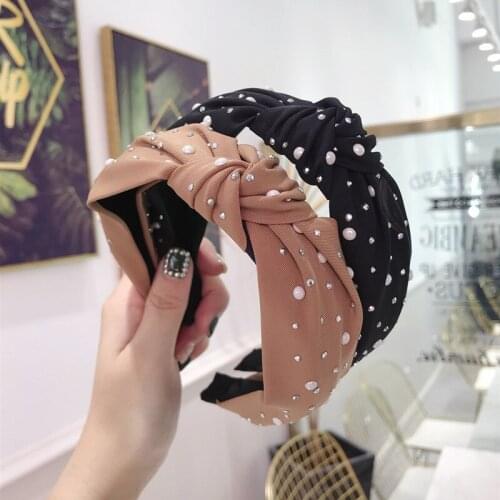 H:HYDE Fashion Girls Headband Handmade Shining Pearls Rhinestone Ornament Hairband Women Middle Knot Turban Hair Accessories