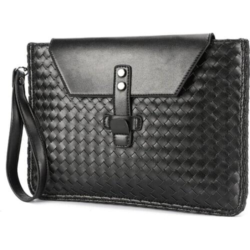 Fashion Handmade Weave Handbags for Men Cluth Bag Envelope Ipad Purses Soft Leather Street Crossbody Messenger Bags Bolso Hombre