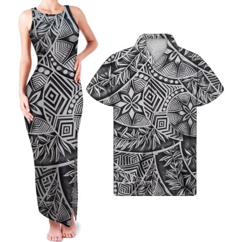HYCOOL Sliver Tribal Stripe Print Polynesian Plus Size Couple Clothes Sleeveless Bodycon Maxi Party Dresses Match Men 5xl Shirts