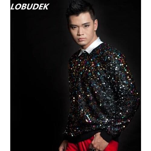 Bar Nightclub Male Singer T-shirts Stage Costume Multi-color Sequins Long Sleeve T-shirt Loose Casual Fashion Show Dance Clothes