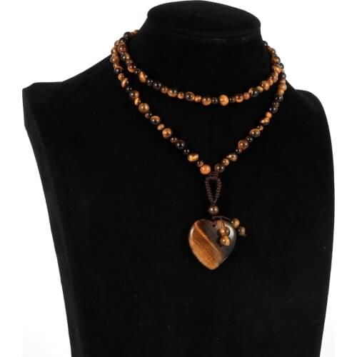 Natural Gem Stone Love Heart Pendant Necklace Unisex Men Women 25" Stand India Onyx Tiger Eye Stone Beads Long Sweater Necklace
