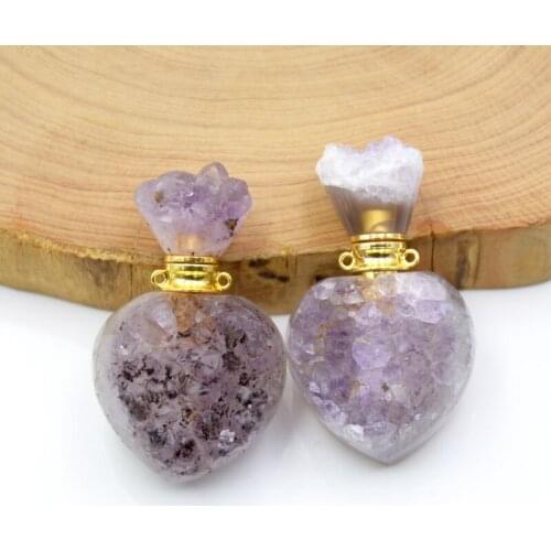 Natural Amethysts Druzy Gems stones Gold-plated vial LOVE Heart Perfume Bottle pendant diffuser Crystal Charms for Necklaces