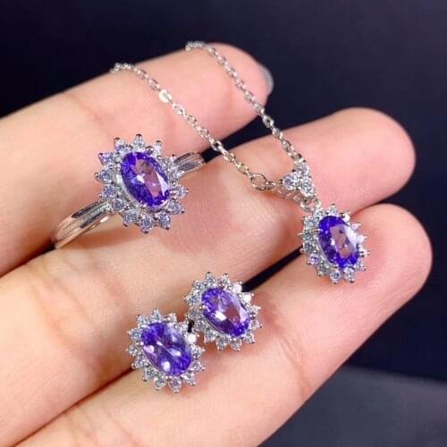 New natural tanzanite set 925 silver ladies jewelry set ring earrings pendant necklace fashionable atmosphere