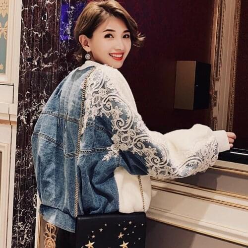 Heavy industry embroidered denim stitching plush cotton womens autumn winter warm coat