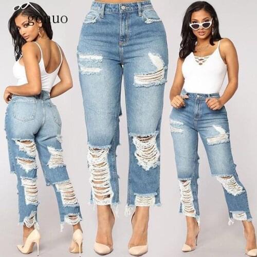 Sexy Back Hole Distressed Ripped Boyfriend Jeans For Women High Waisted Destroyed Jeans Street Rock Cut Out Loose Straight Jean