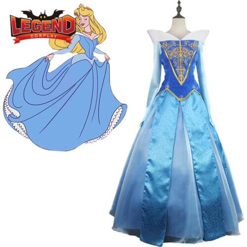 Aurora Blue Satin dress ball gown Dress Cosplay Costume Womens Halloween Carnival Party Costume